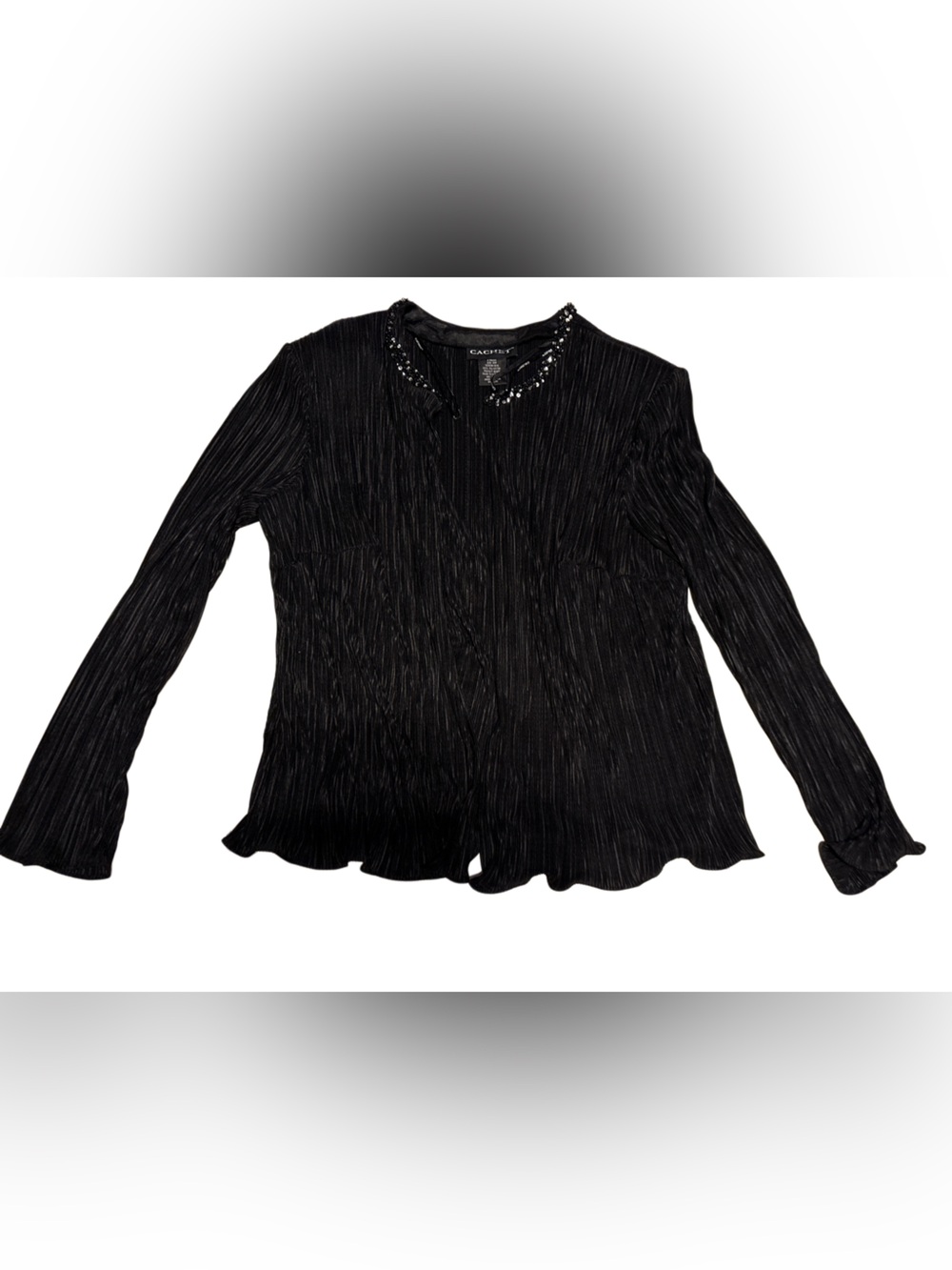 Cachet Black Pleated Long-Sleeve Top with Beaded Collar
